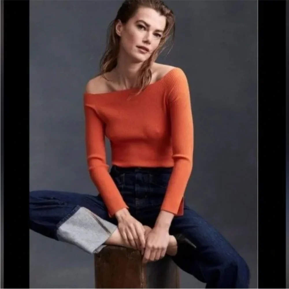 Veronica Beard Derick Off The Shoulder Ribbed Sweater Deep Orange Sz Small NWOT